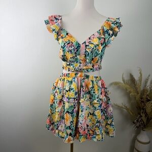 NEW Vine Tree Size Large Tropical Multicolored Floral Ruffle Split Waist Romper